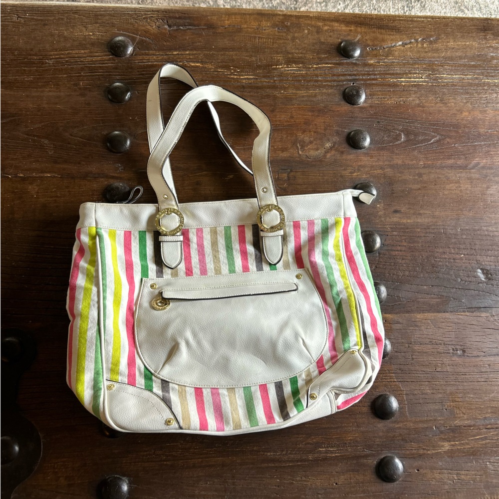 Isaac Mizrahi Pink and Green Striped Tote
